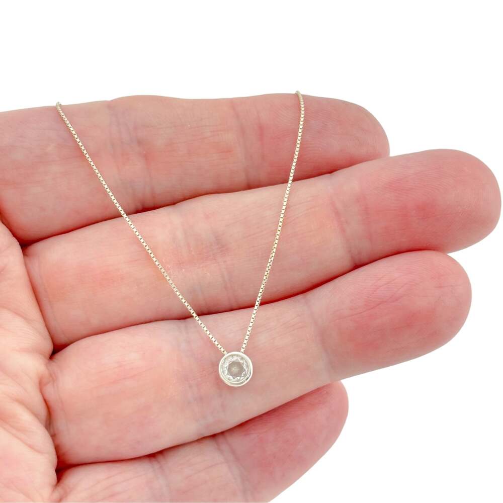 Vintage Sterling Silver 925 Round Bezel CZ Solitaire Necklace 16.5–18.5 inches